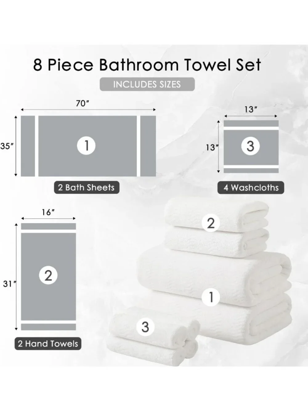 8-Piece Ultra Soft White Bath Towel Set | 2 Large Sheets, 2 Hand Towels, 4